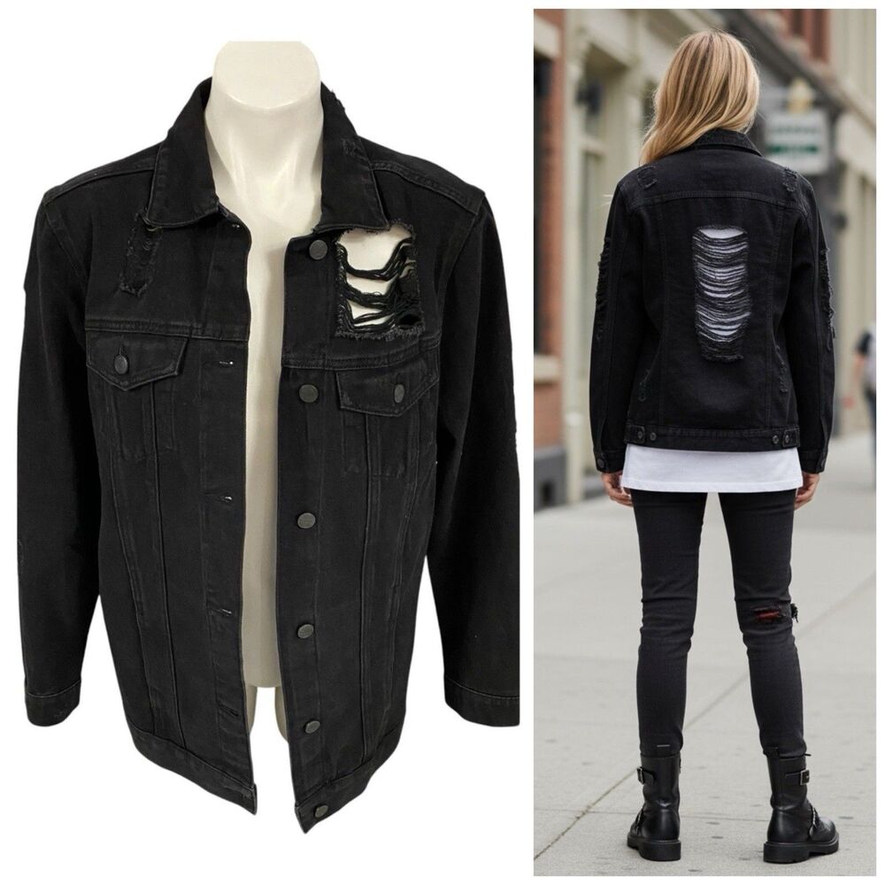 BBJ Distressed Denim Jean Jacket Womens Medium Cotton Black Grunge Rock Emo Rave